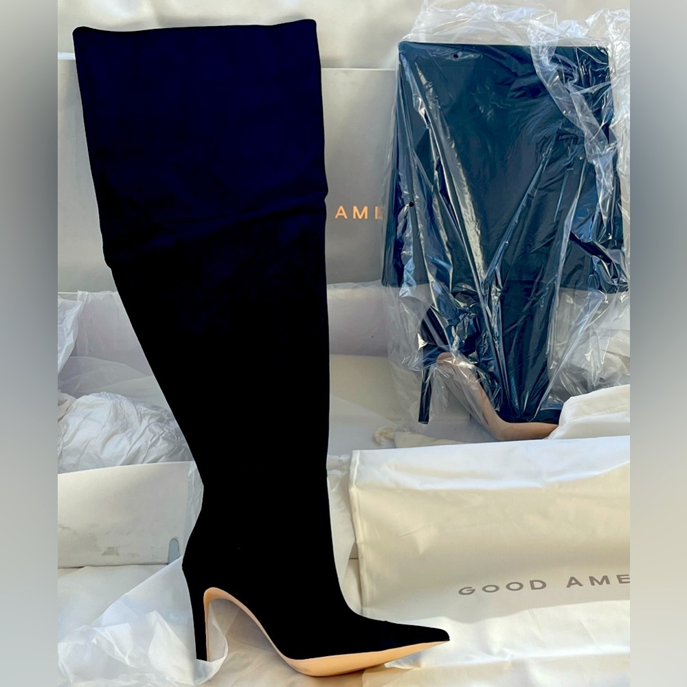 Good American Suede Over the Knee Boots Black Stiletto Heel Pointed Toe …